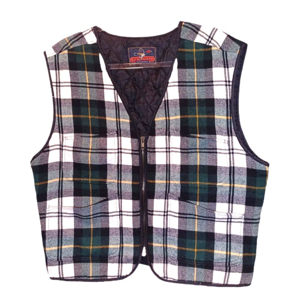 Backpacker Mens Quilted Plaid Design Zip Front Vest Size L